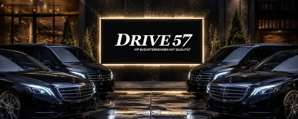 Drive 57 Limousine Fuhrpark mit Luxuslimousinen vor elegantem Firmenauftritt