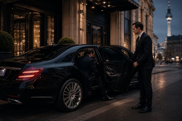 Drive57 Business Chauffeur Service Berlin – Chauffeur an einer schwarzen Luxuslimousine vor einem Hotel
