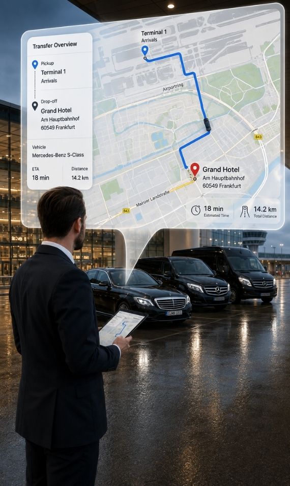 VIP-Flughafentransfer mit Chauffeur, digitaler Routenplanung und Mercedes-Fahrzeugflotte