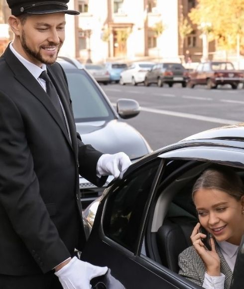 Chauffeur öffnet einer Geschäftskundin die Limousine für den VIP Flughafentransfer in Berlin