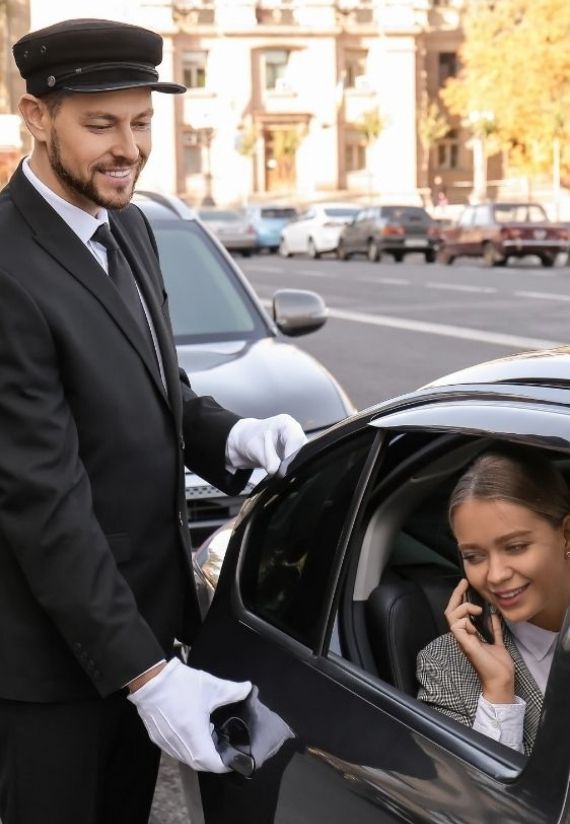 Business Chauffeur Service in Berlin – professioneller Chauffeur öffnet einer Geschäftskundin die Tür zur Limousine