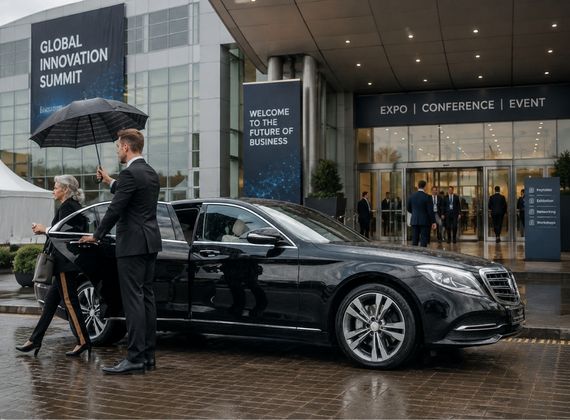 Chauffeur empfängt einen Messegast mit Schirm an der Mercedes S-Klasse vor dem Messeeingang in Berlin