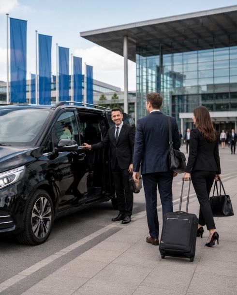 Chauffeur öffnet Geschäftsreisenden die Tür der Mercedes V-Klasse beim Messe-Shuttle in Berlin