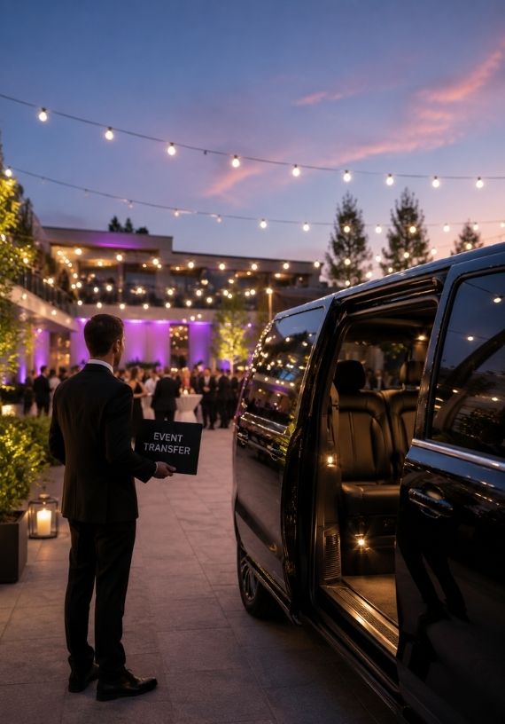 Chauffeur wartet am Fahrzeug auf die Gäste einer Abendveranstaltung beim Event Chauffeurservice in Berlin