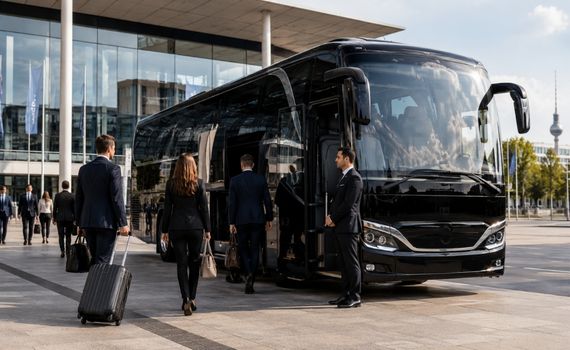 Businessgruppe steigt in den VIP-Bus-Shuttle von Drive 57 für Messe und Event in Berlin ein