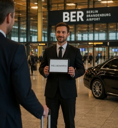 VIP Chauffeur empfängt Geschäftskunden am Flughafen Berlin Brandenburg für den Limousinen-Transfer