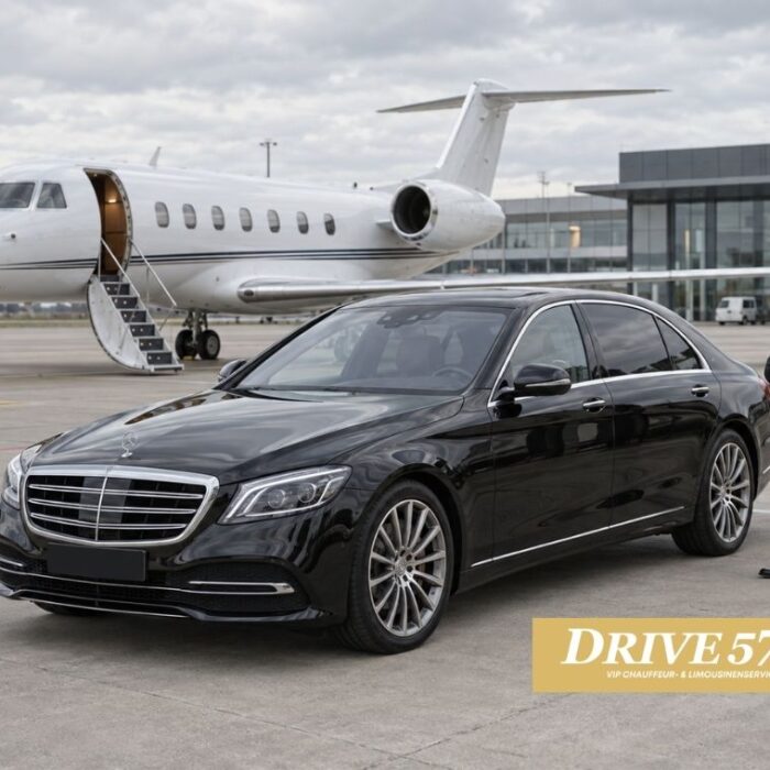 Chauffeur mit Mercedes S-Klasse vor Privatjet am General Aviation Terminal