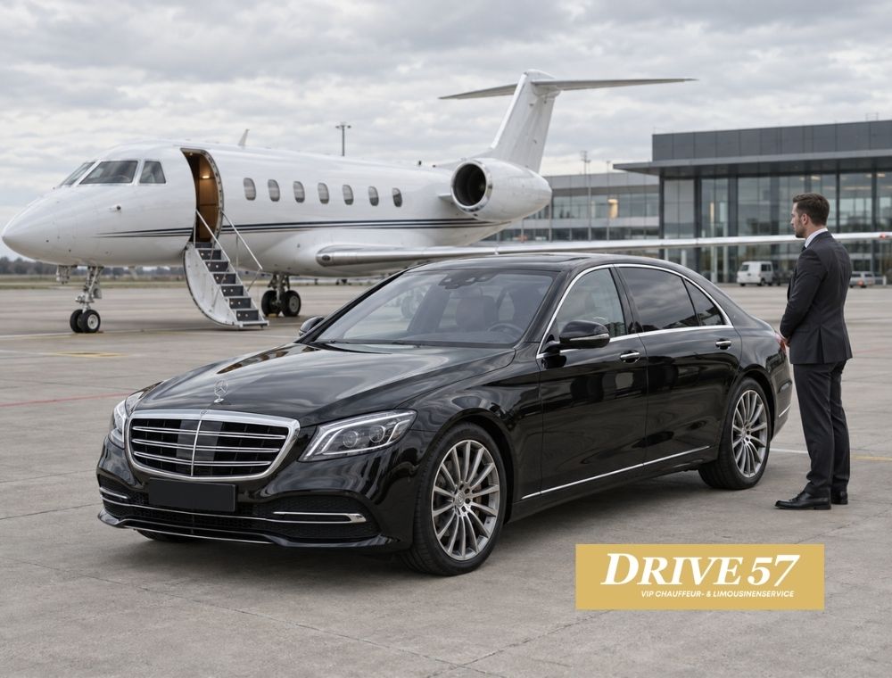 Chauffeur mit Mercedes S-Klasse vor Privatjet am General Aviation Terminal